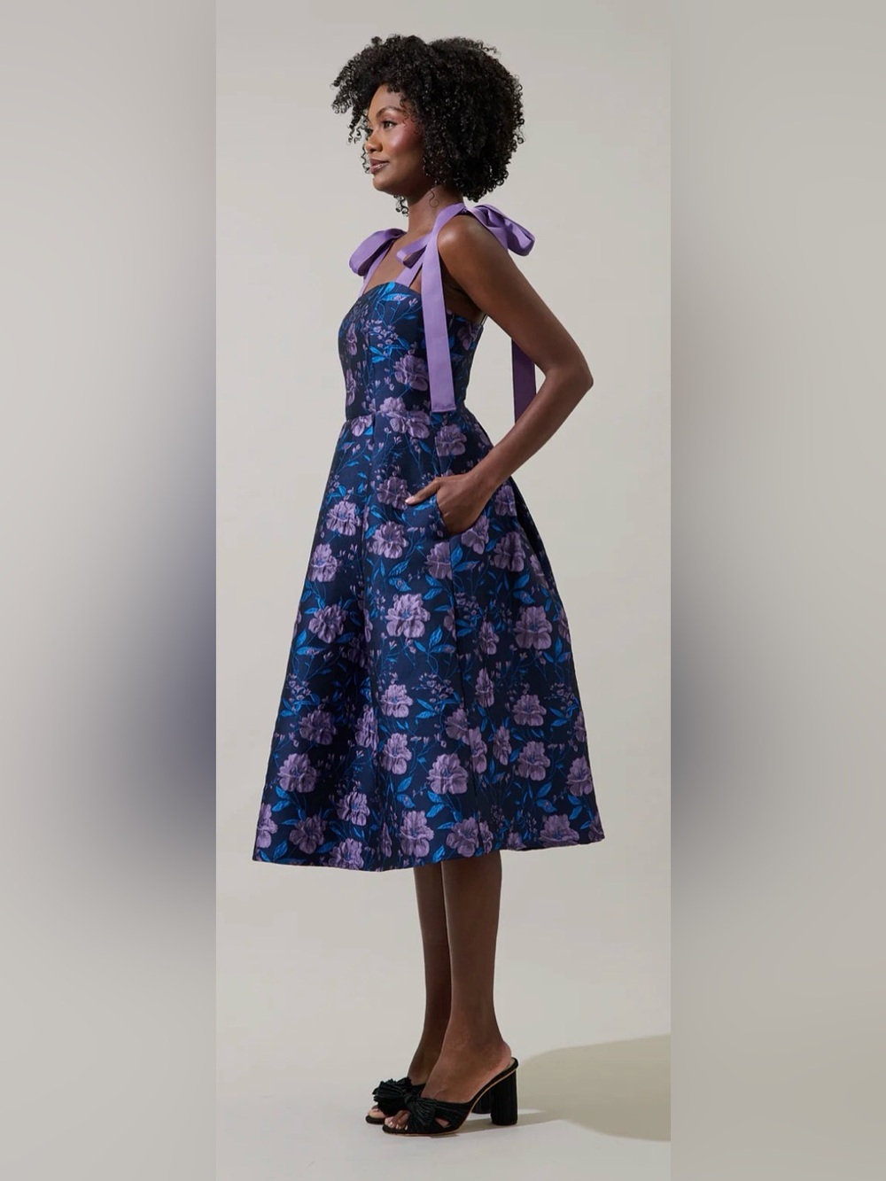 NWT Sugarlips Floral Jacquard Tie-Shoulder Pleated Midi Dress - Picture 5 of 15